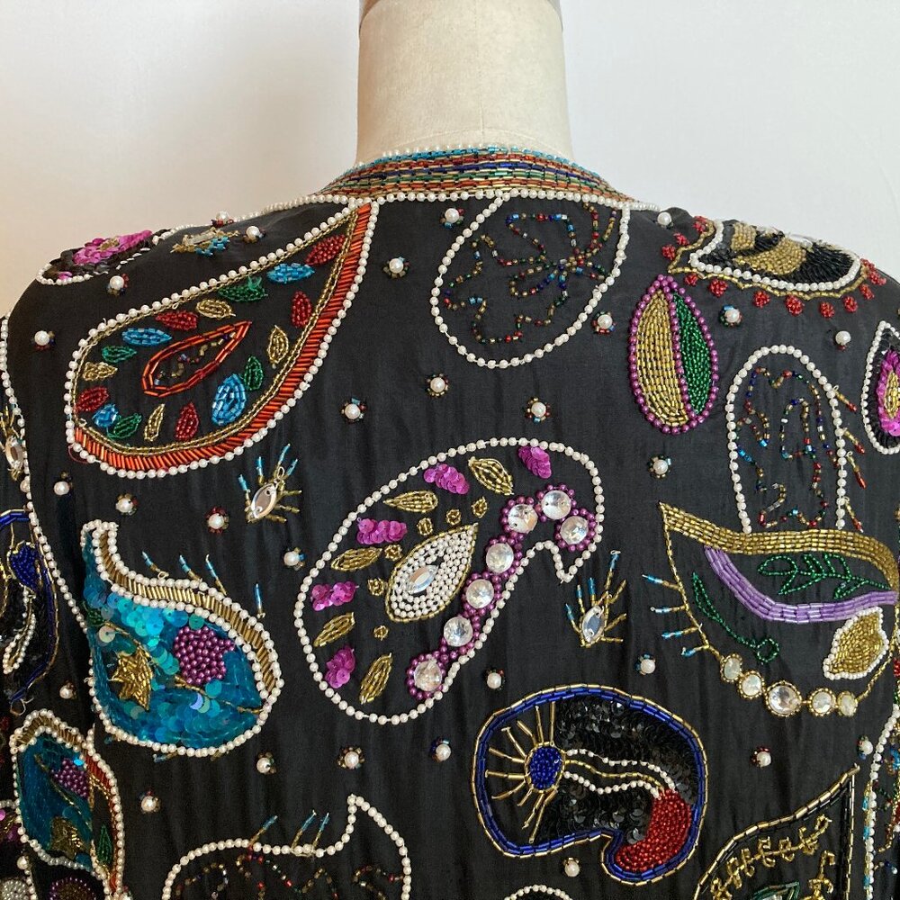 Paisley Sequin Beaded Jeweled Jacket Blue Black Multicolor - Picture 14 of 16